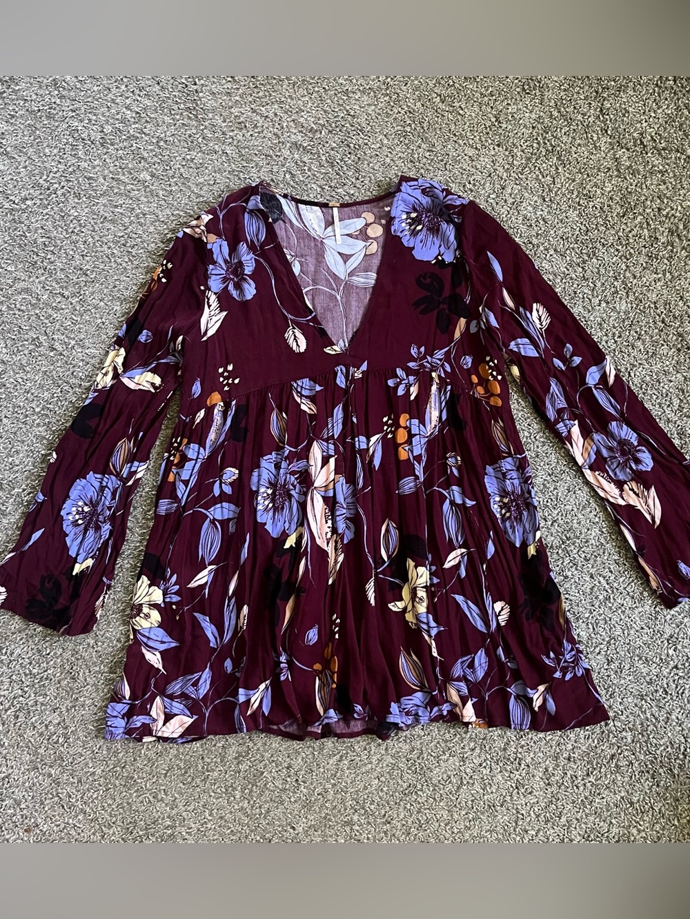 Free People Women Burgundy Floral V-Neck Tunic Mini Dress L Boho Festival Chic